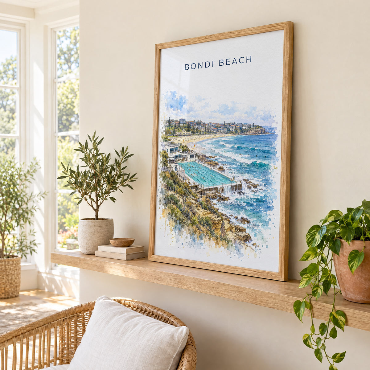 Bondi Beach watercolor print in an oak frame on a picture ledge in a sunlit sunroom