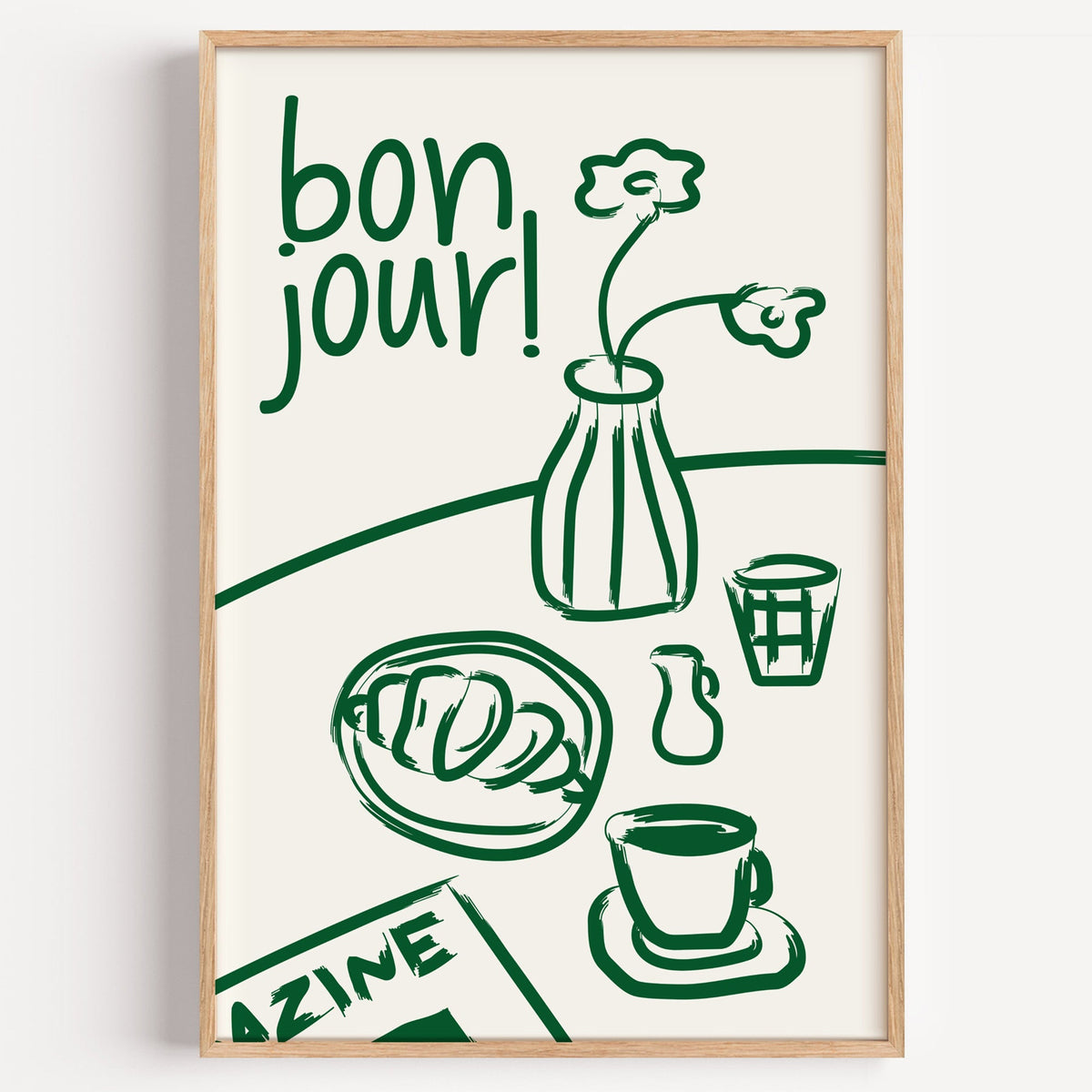 Bon jour breakfast line print in a light oak frame on a plain white wall