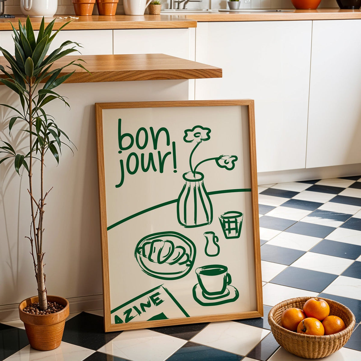 Bon jour breakfast print in an oak frame by a kitchen island and checkered floor