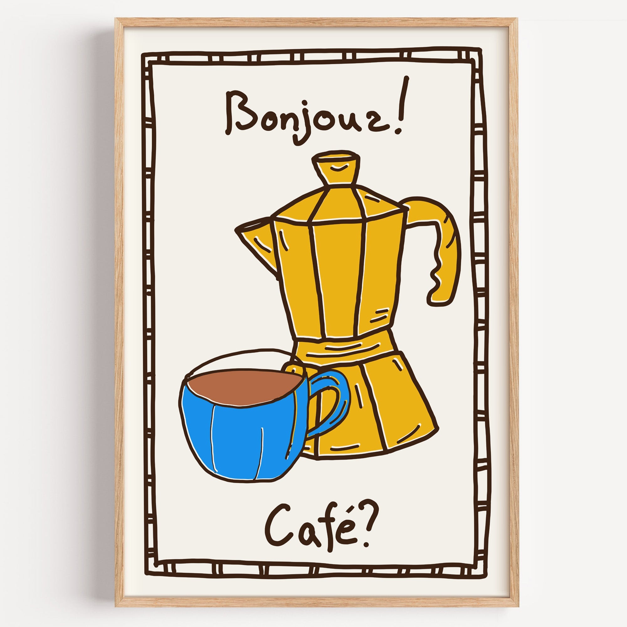 Bonjour cafe moka pot print in a light oak frame on a plain white wall