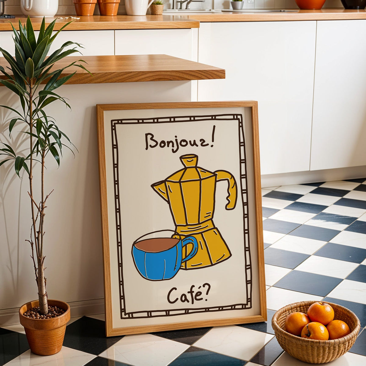 Bonjour cafe moka pot print in an oak frame by a kitchen island and checkered floor