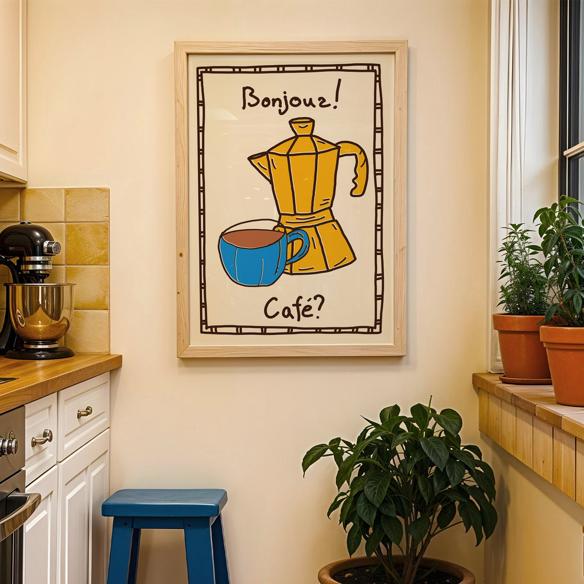 Bonjour cafe moka pot print in a wood frame on a yellow tiled kitchen wall