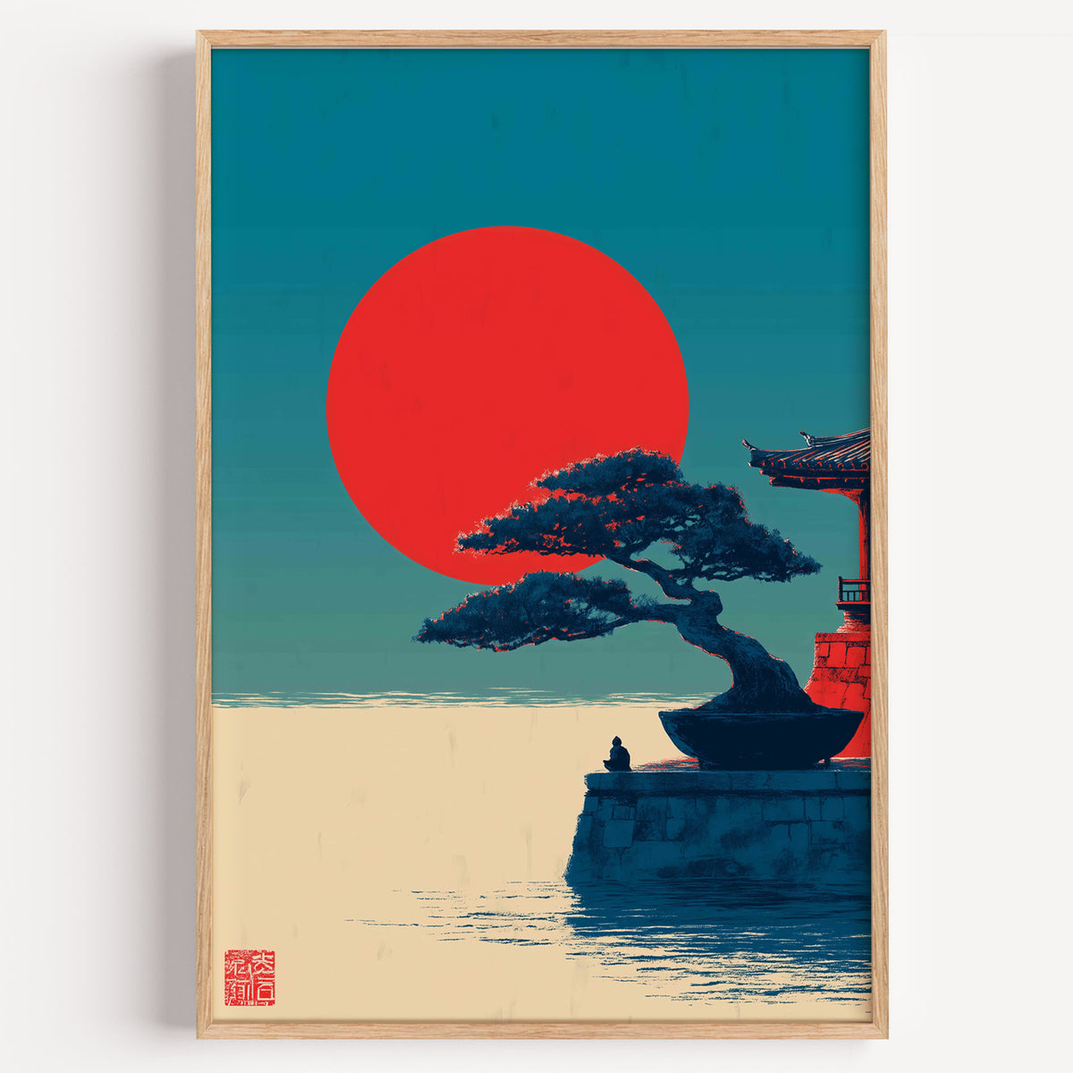 Bonsai pine under red sun print in a light oak frame on a plain white wall