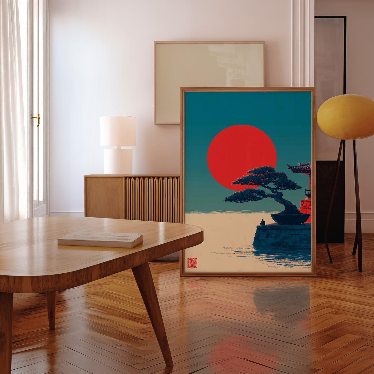 Bonsai pine under red sun print in a walnut frame leaning in a mid-century living room