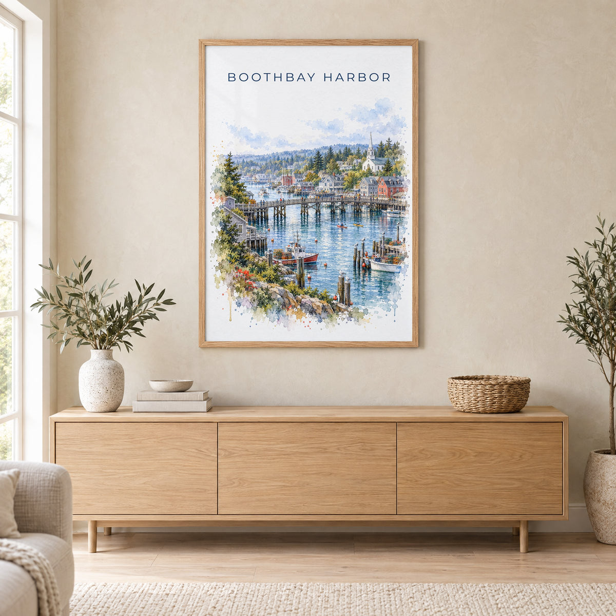 Boothbay Harbor watercolor print in an oak frame above a light wood sideboard in a Scandinavian living room