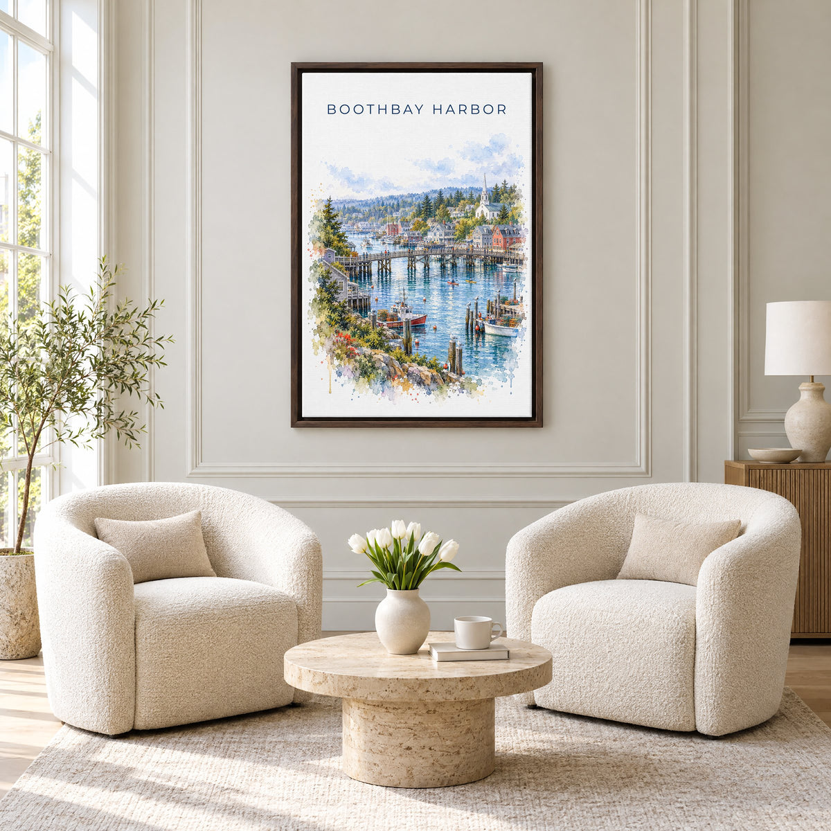 Boothbay Harbor watercolor print as an espresso floater canvas above two boucle armchairs in a hotel lounge