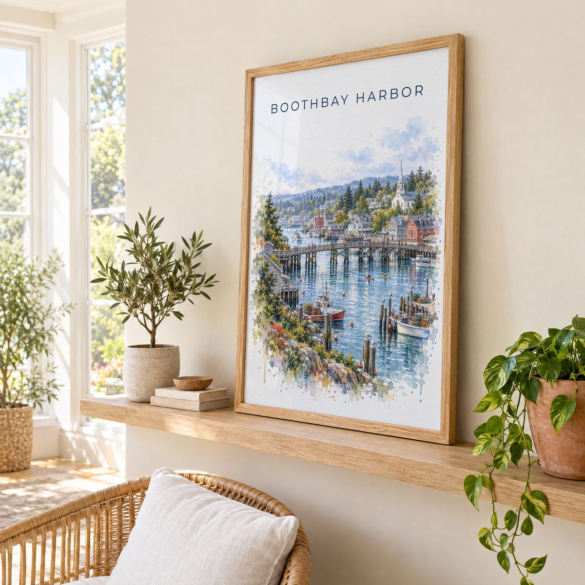 Boothbay Harbor watercolor print in an oak frame on a picture ledge in a sunlit sunroom