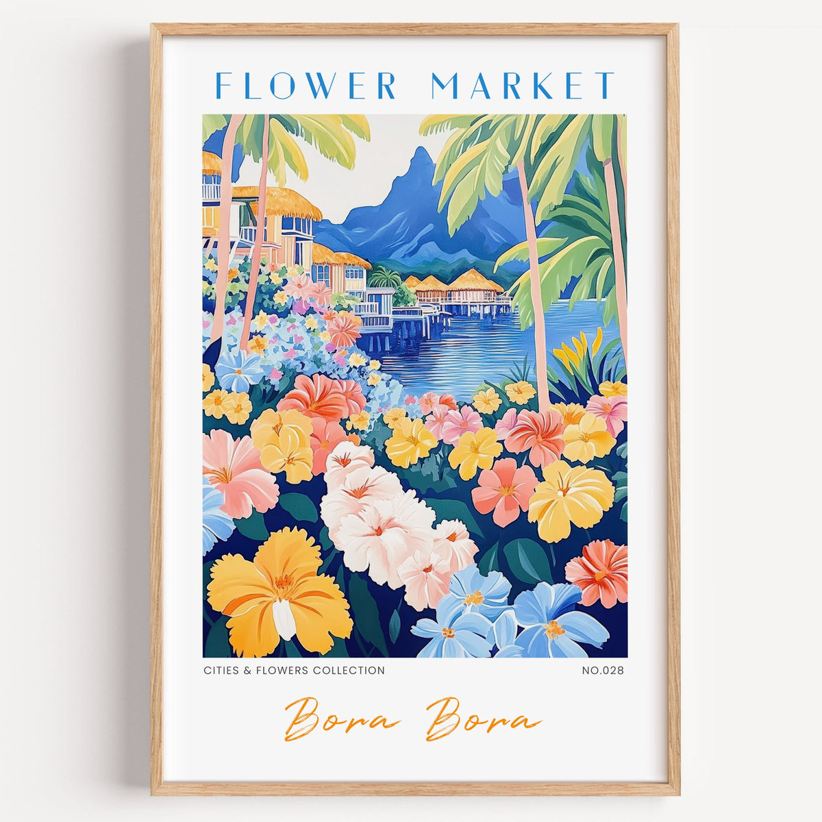 Bora Bora flower market print in a light oak frame on a plain white wall