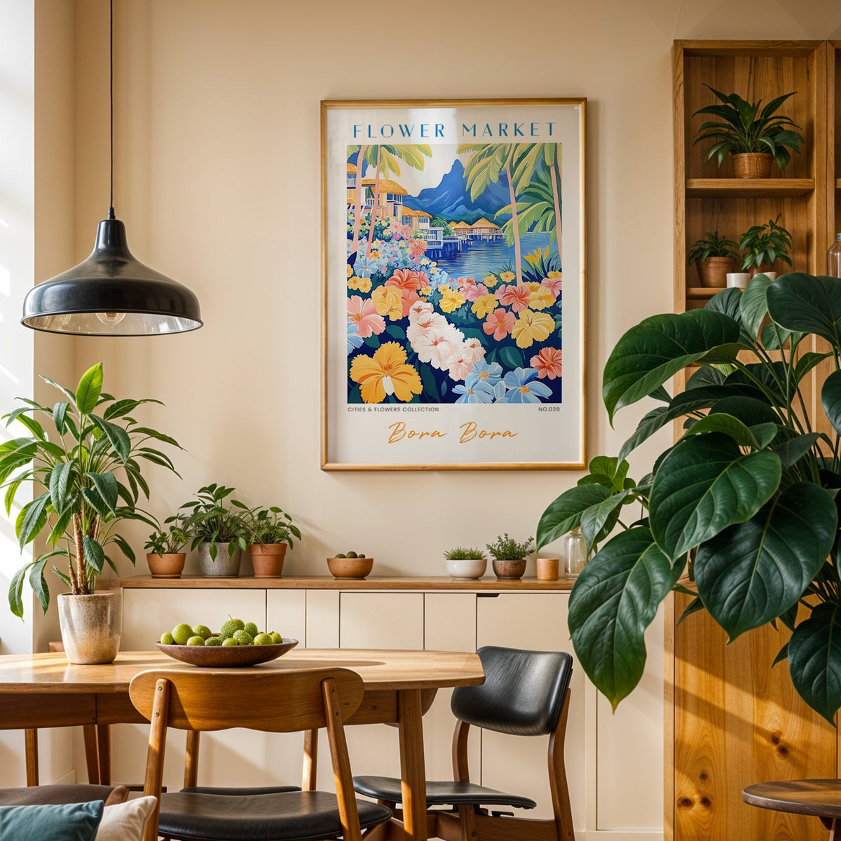 Bora Bora flower market print in an oak frame above a dining sideboard lined with potted plants