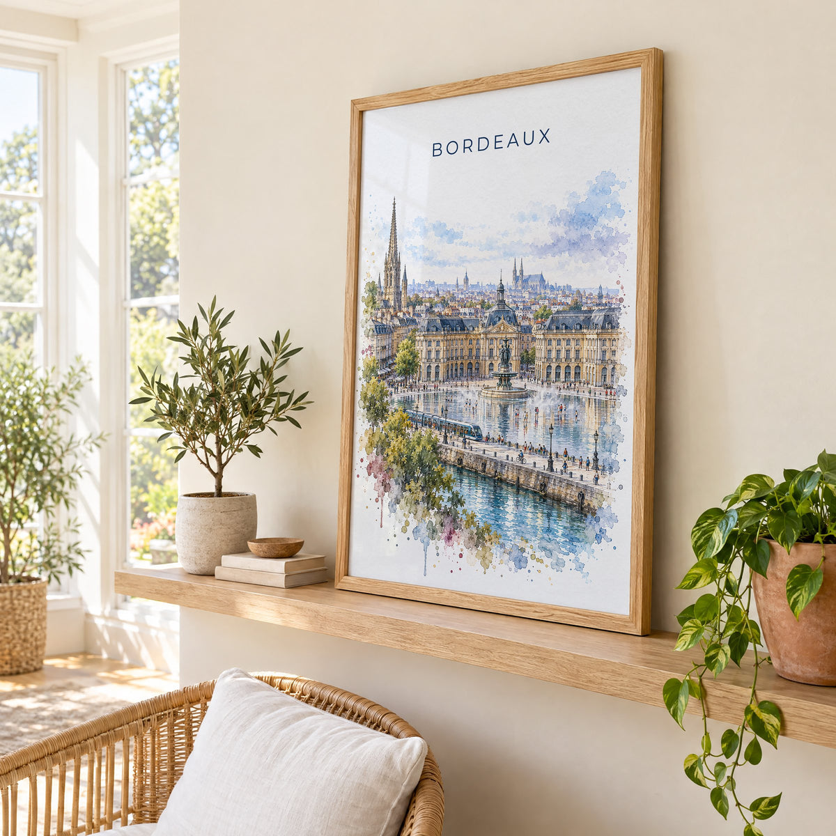 Bordeaux watercolor print in an oak frame on a picture ledge in a sunlit sunroom