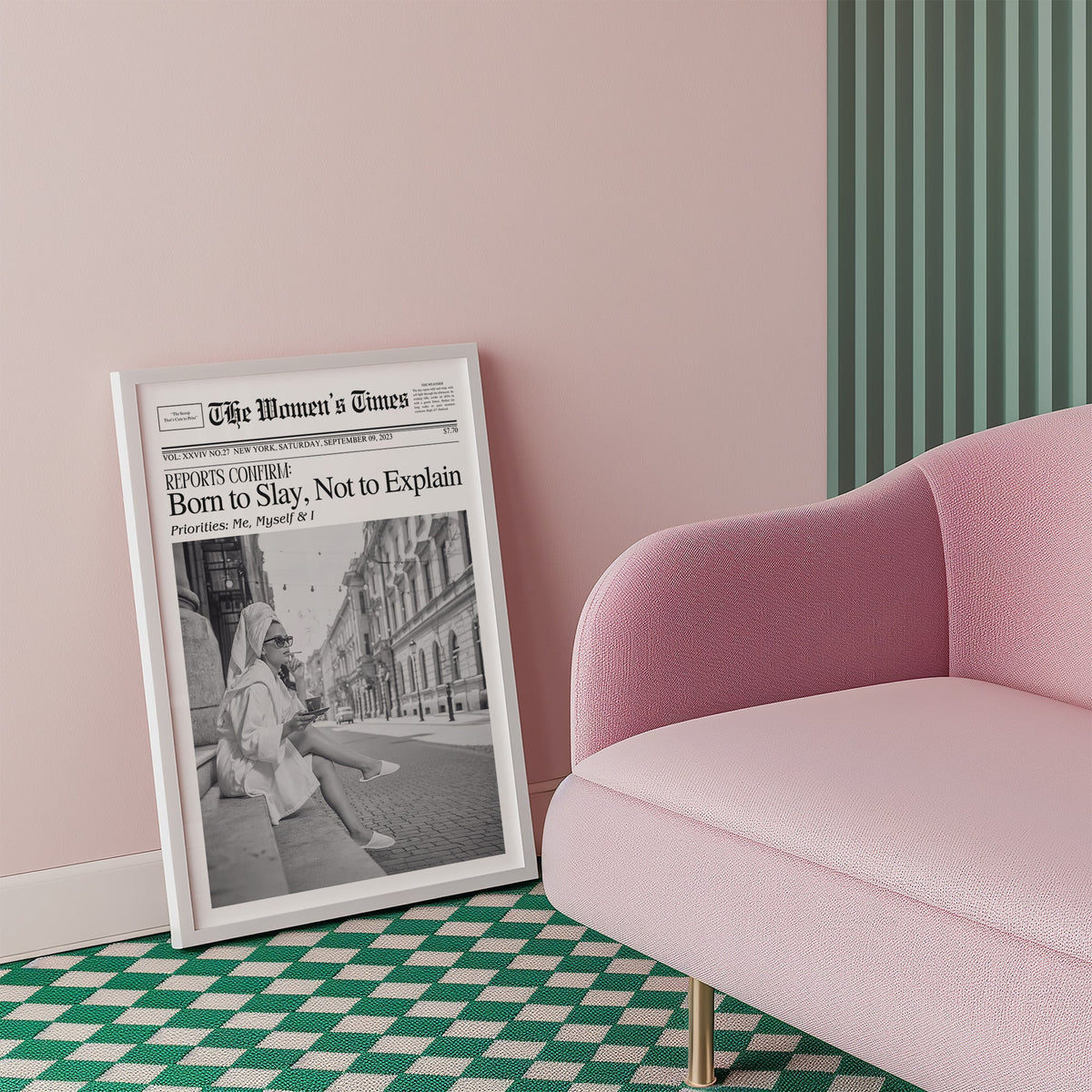 Mock front page with woman in robe on a cobbled street print in a white frame beside a pink armchair on a checkered floor
