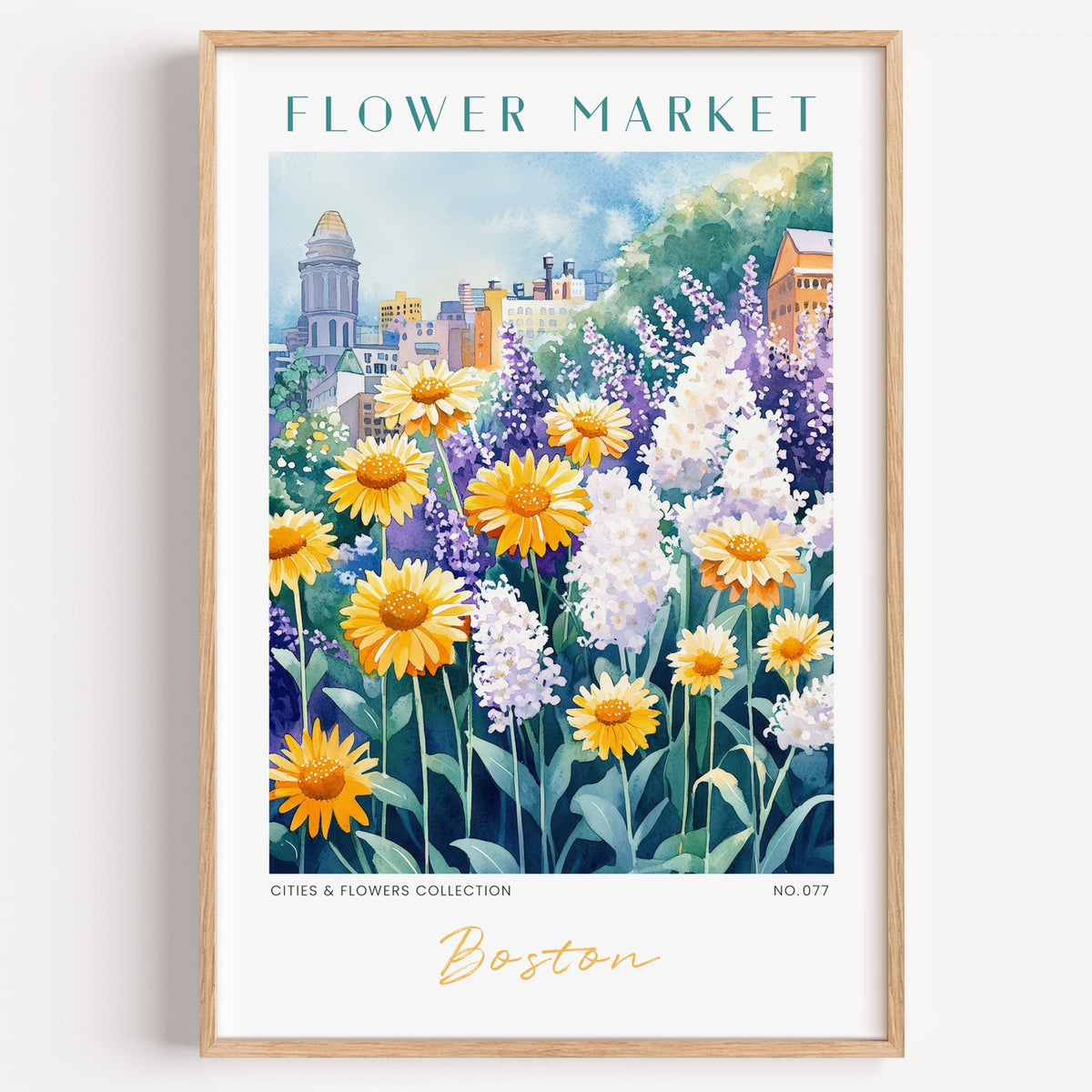 Boston flower market print in a light oak frame on a plain white wall