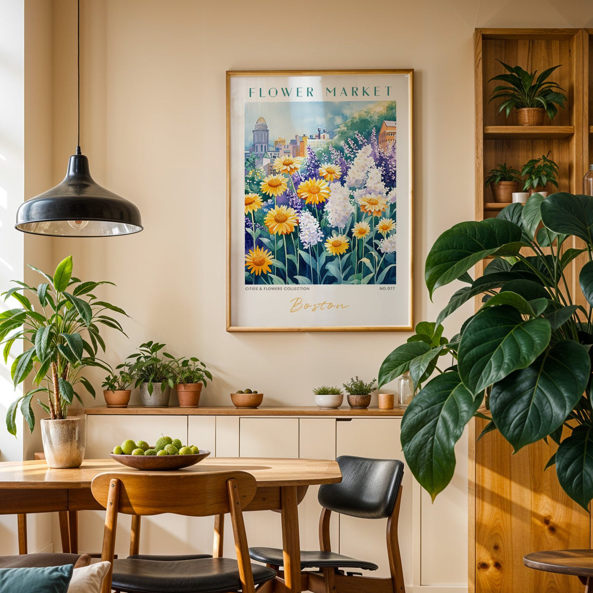 Boston flower market print in an oak frame above a dining sideboard lined with potted plants
