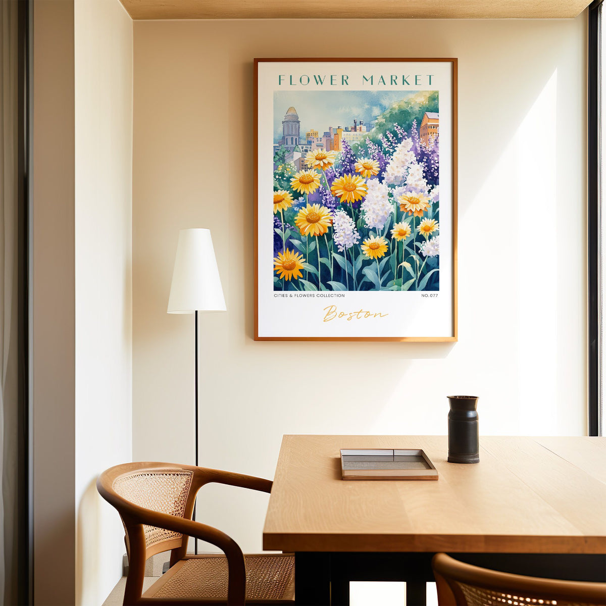 Boston flower market print in an oak frame above a dining table and cane chair