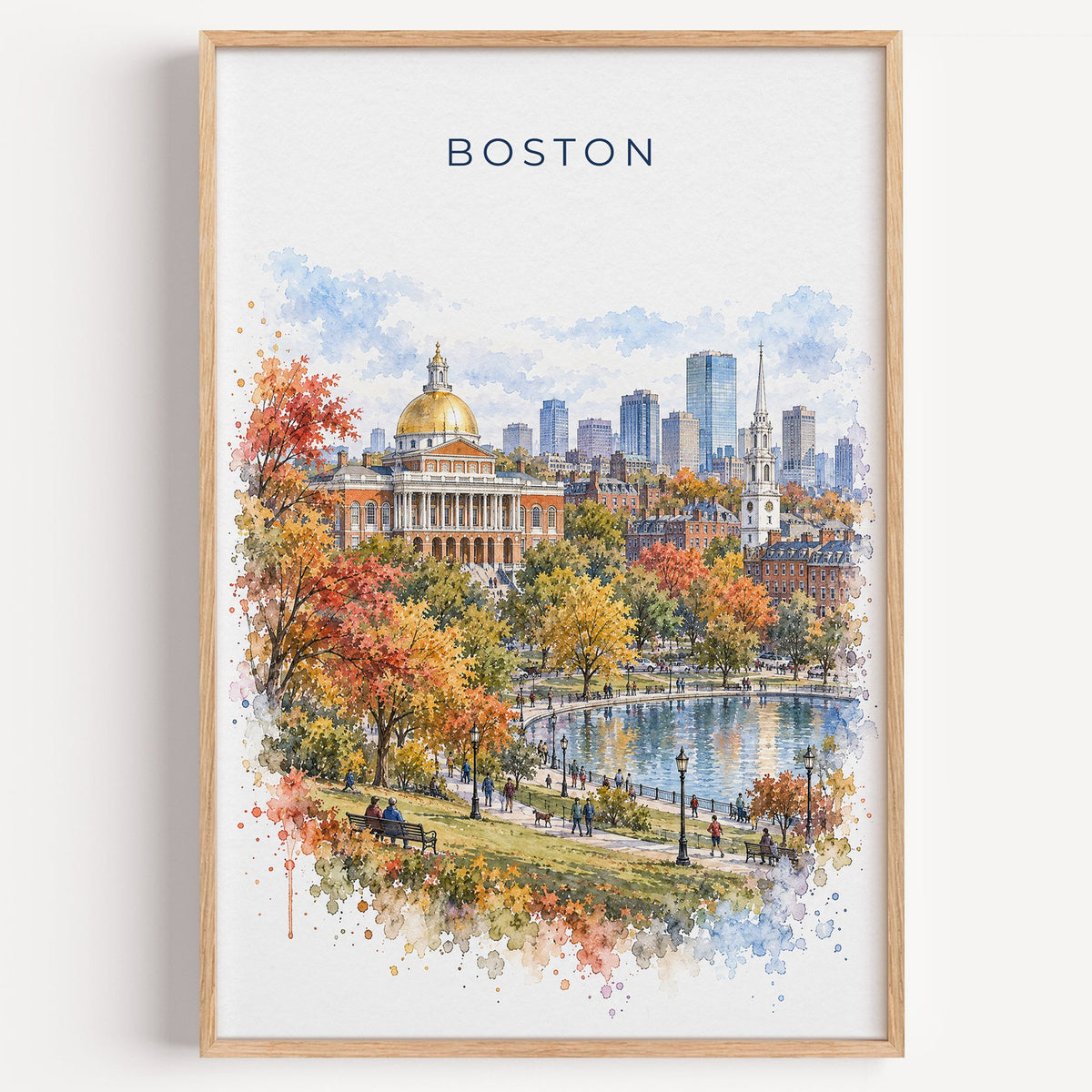 Boston watercolor print in a light oak frame on a plain white wall