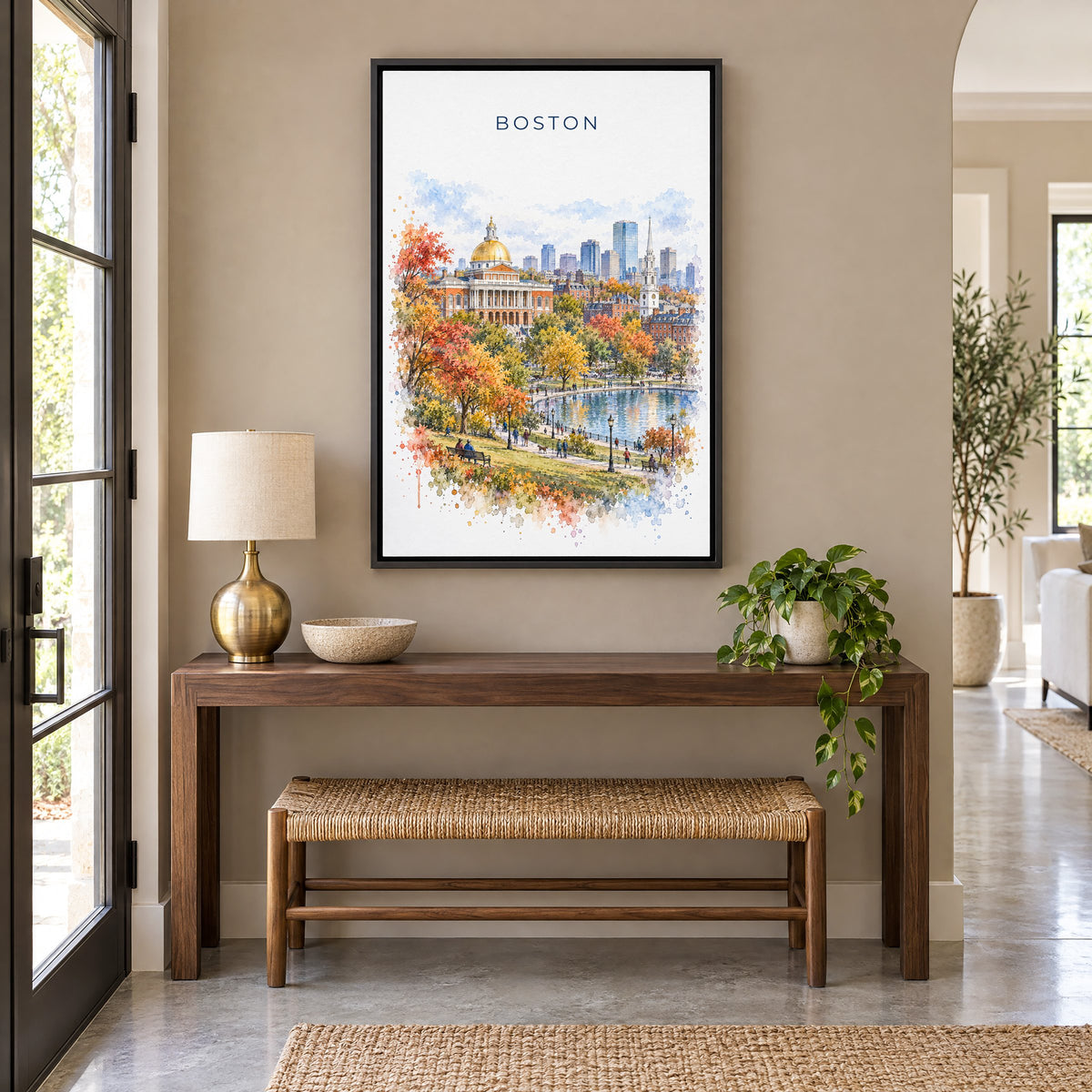 Boston watercolor print as a black floater canvas above a walnut console and woven bench in an entryway