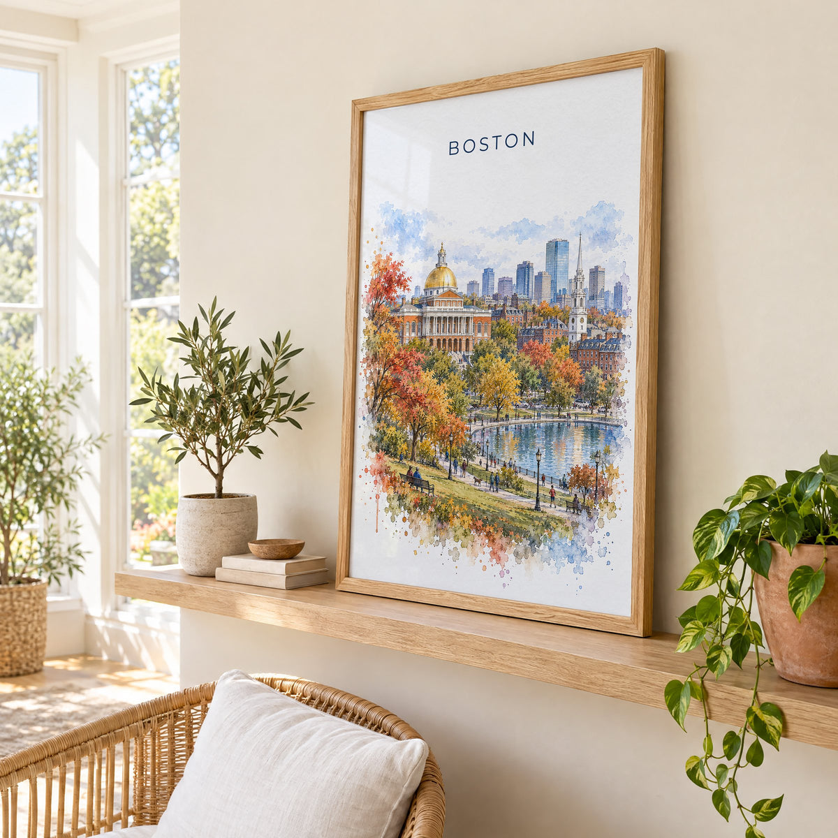 Boston watercolor print in an oak frame on a picture ledge in a sunlit sunroom