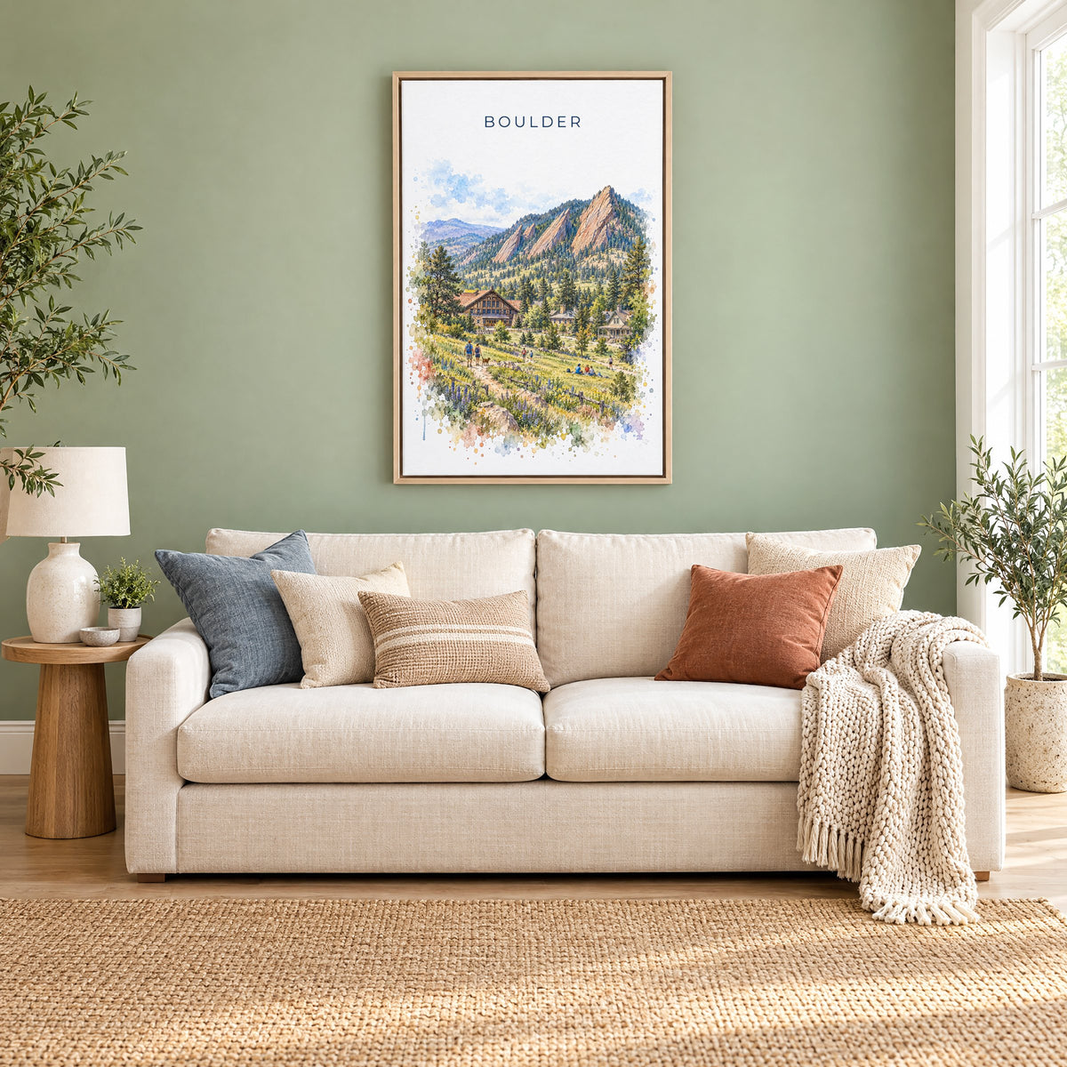 Boulder watercolor print as a natural floater canvas above a cream linen sofa on a sage green wall