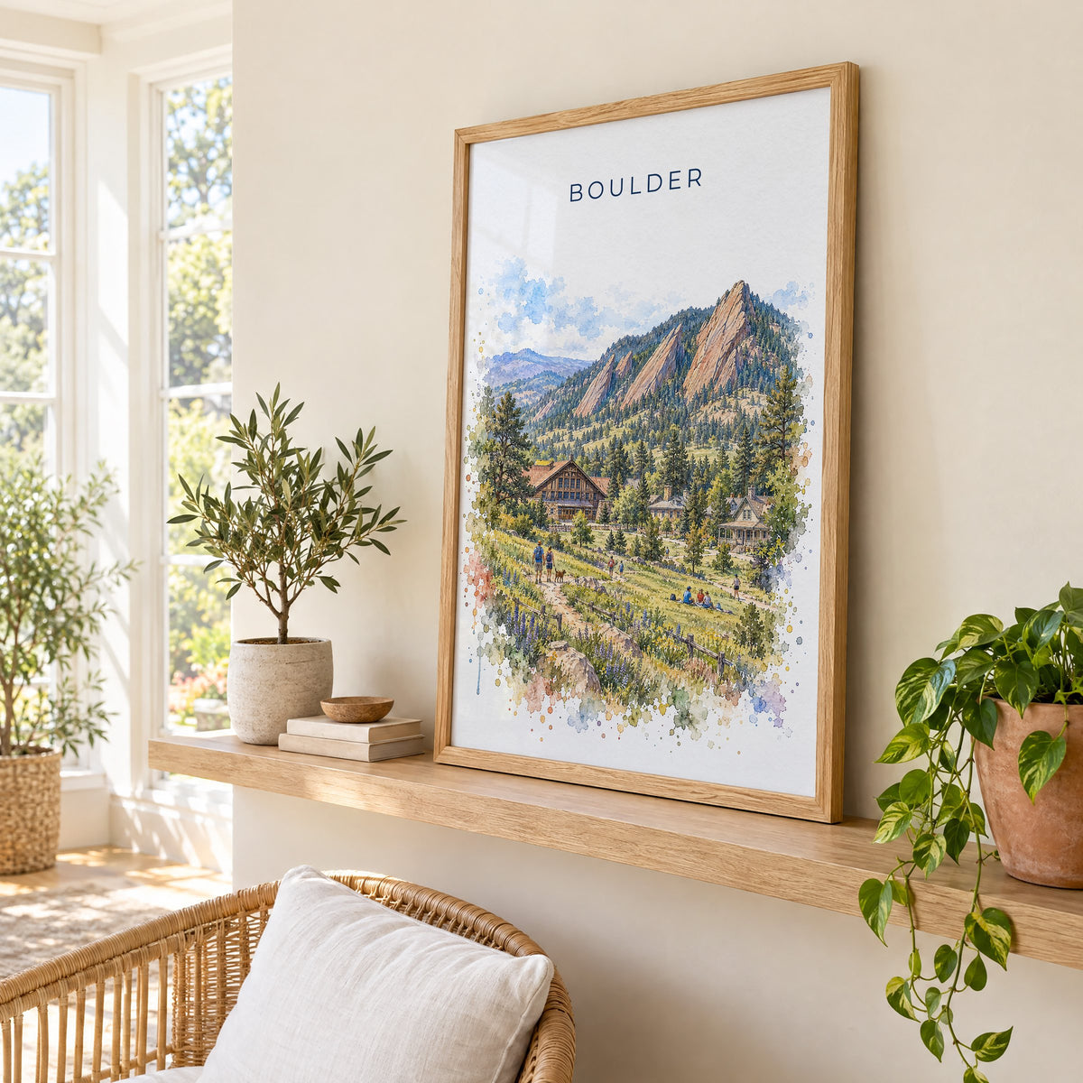 Boulder watercolor print in an oak frame on a picture ledge in a sunlit sunroom