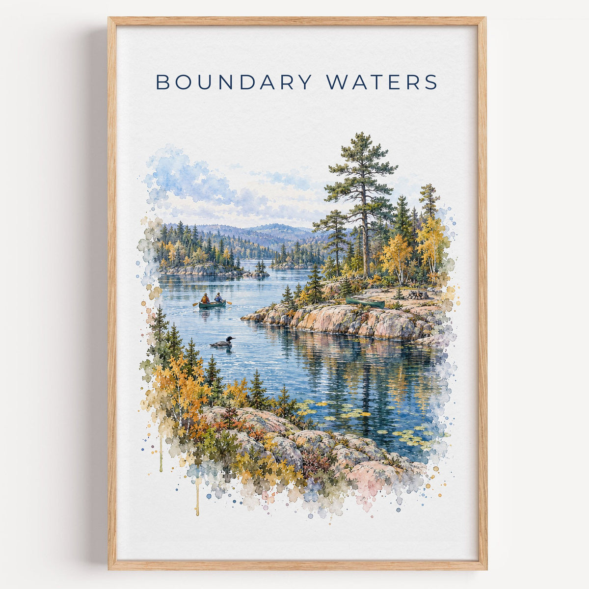 Boundary Waters watercolor print in a light oak frame on a plain white wall