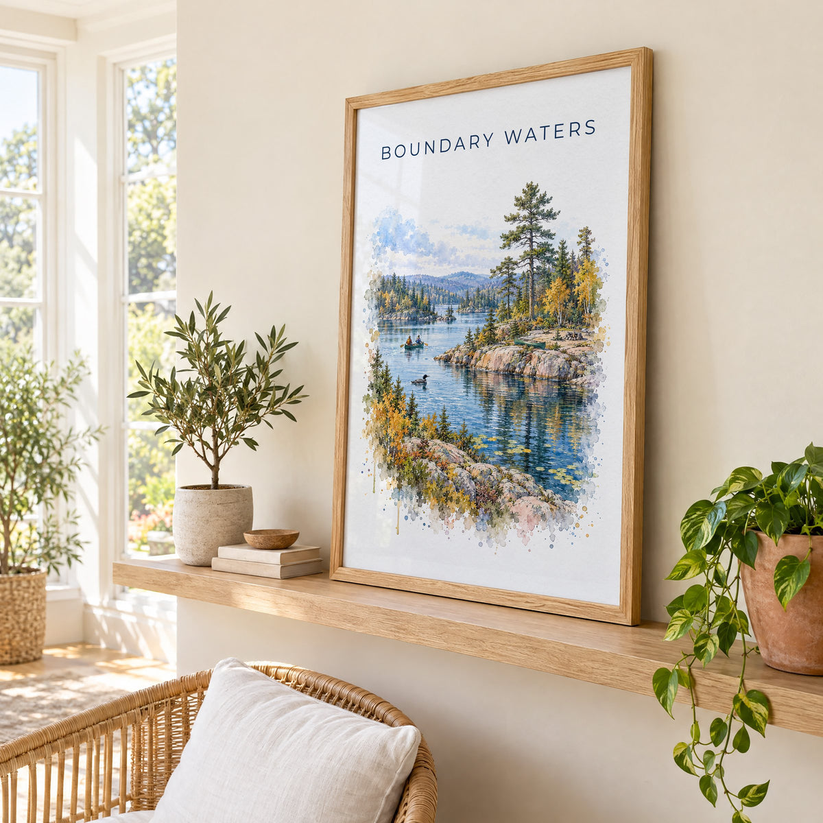Boundary Waters watercolor print in an oak frame on a picture ledge in a sunlit sunroom
