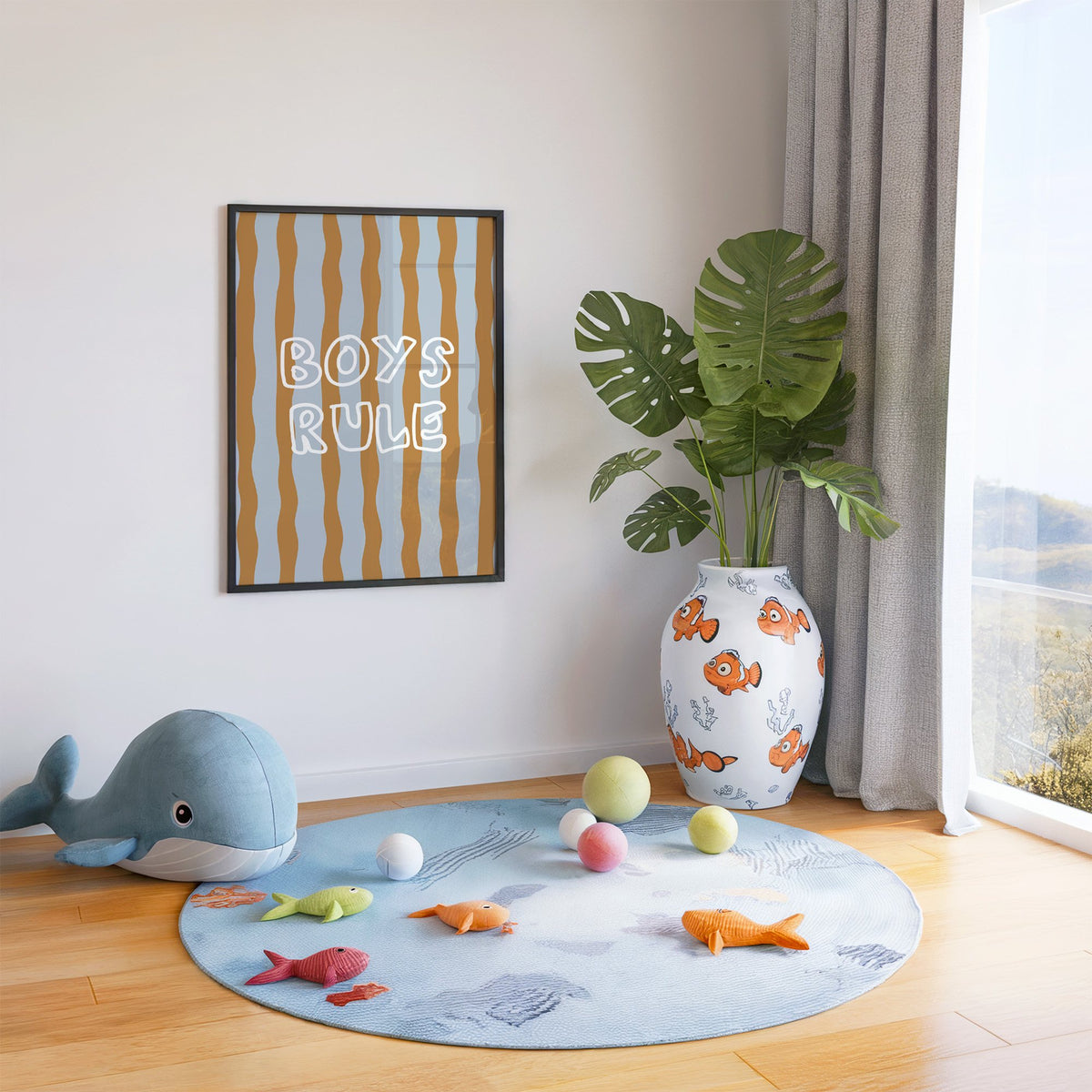 Boys rule wavy stripe nursery print in a black frame in a playroom with an ocean rug and whale plush