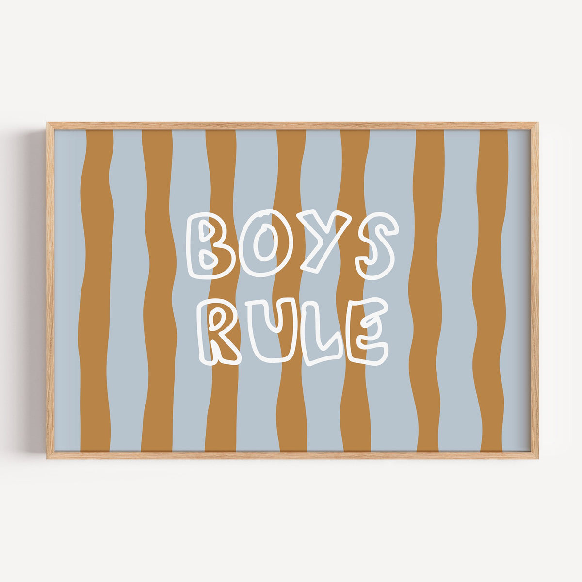 Landscape boys rule wavy stripe nursery print in a light oak frame on a plain white wall