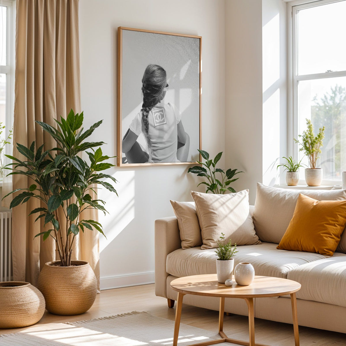Woman with long braid seated on beach from behind print in an oak frame above a cream sofa beside woven planters