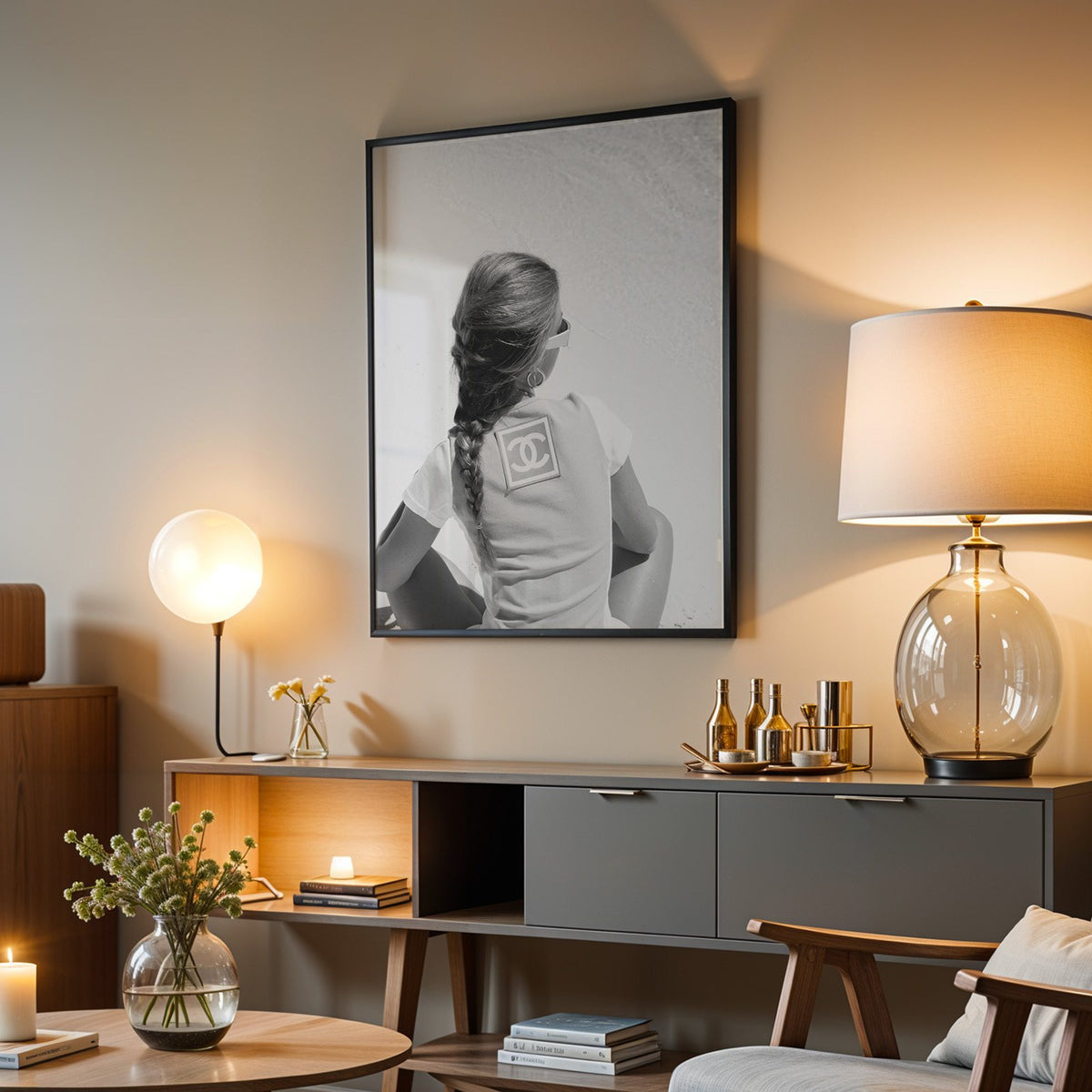 Woman with long braid seated on beach from behind print in a black frame above a grey media console with a glass table lamp