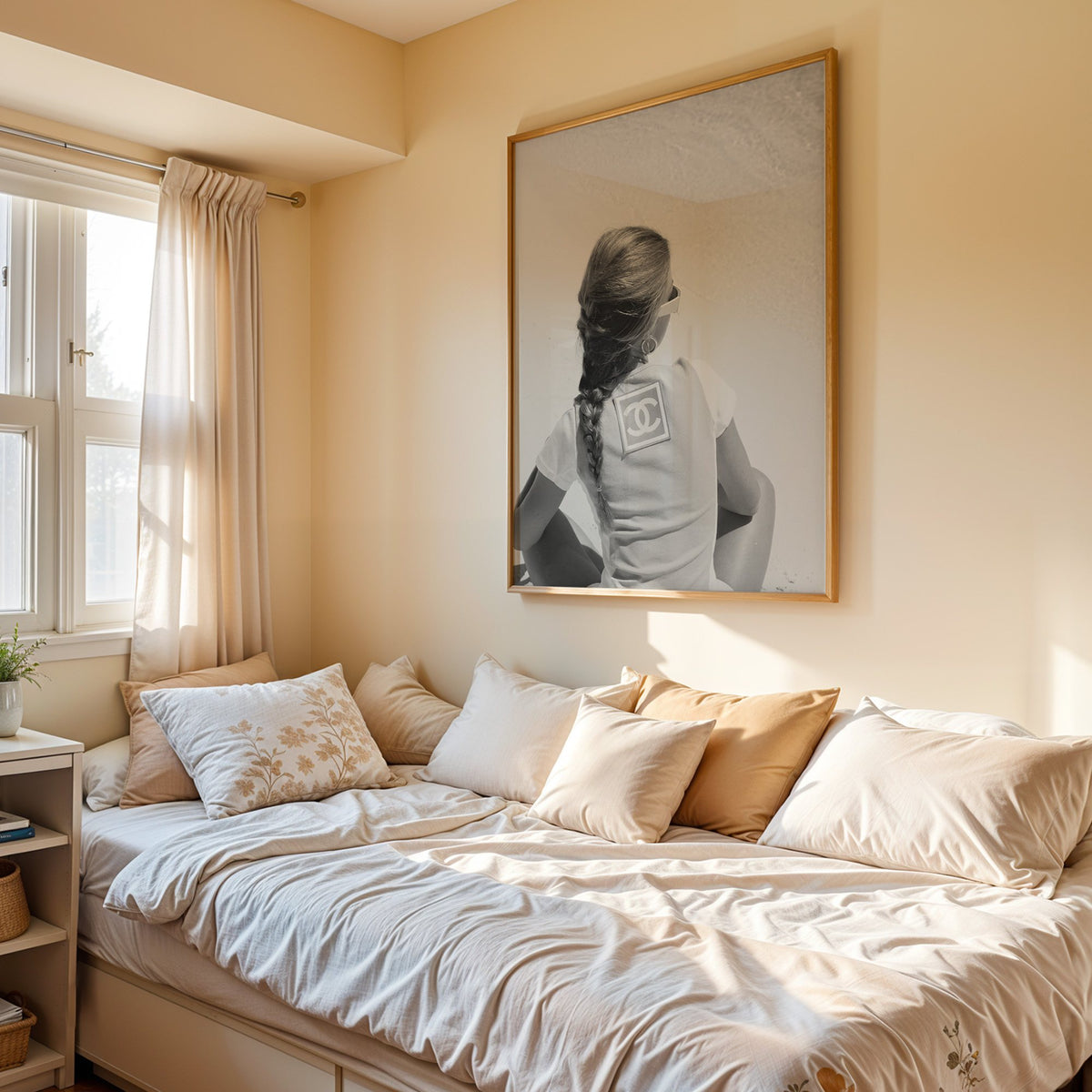 Woman with long braid seated on beach from behind print in an oak frame above a cream daybed in a sunny bedroom