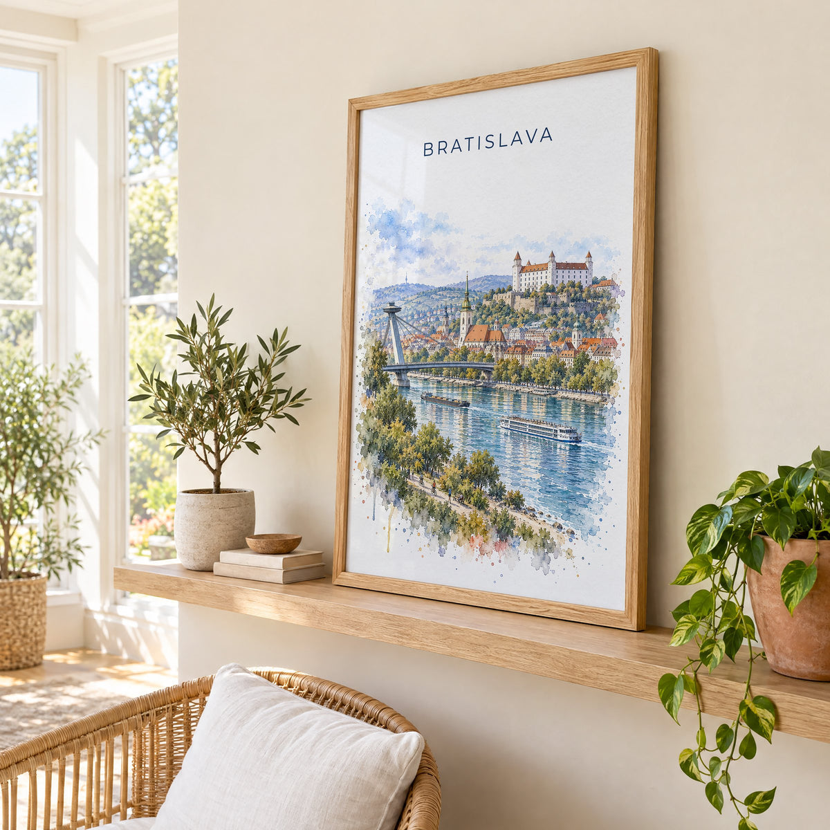 Bratislava watercolor print in an oak frame on a picture ledge in a sunlit sunroom