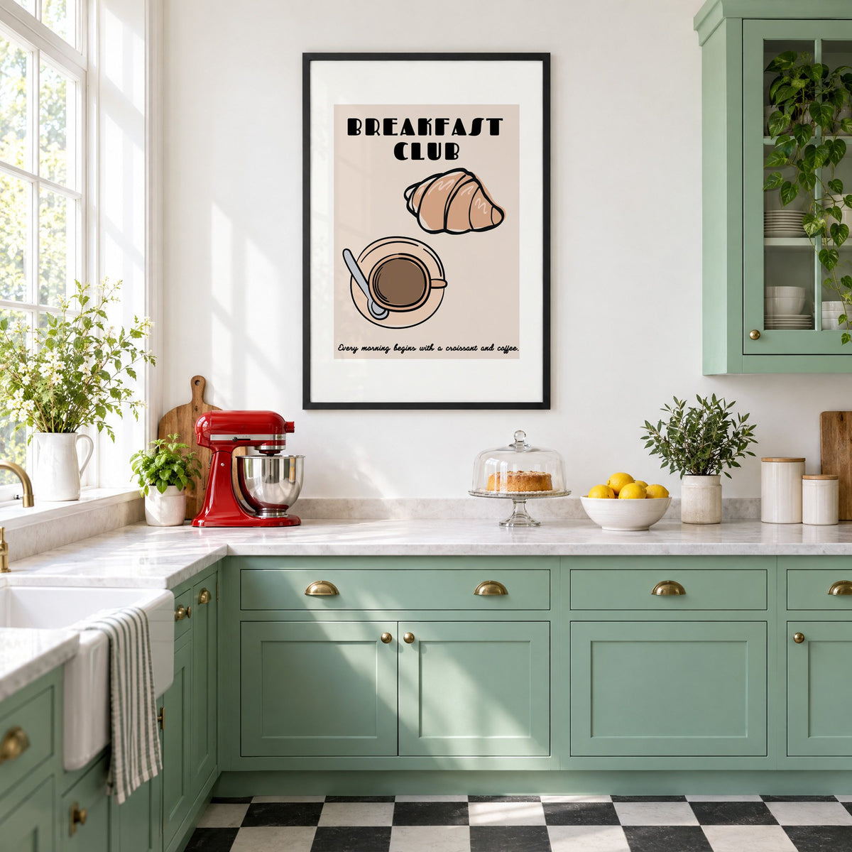 Breakfast Club croissant and coffee print in a black frame in a mint green retro kitchen above a red stand mixer