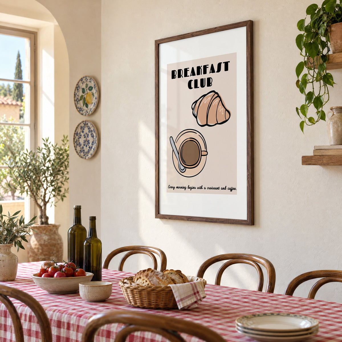 Breakfast Club croissant and coffee print in a walnut frame above a gingham-covered trattoria table, seen at an angle