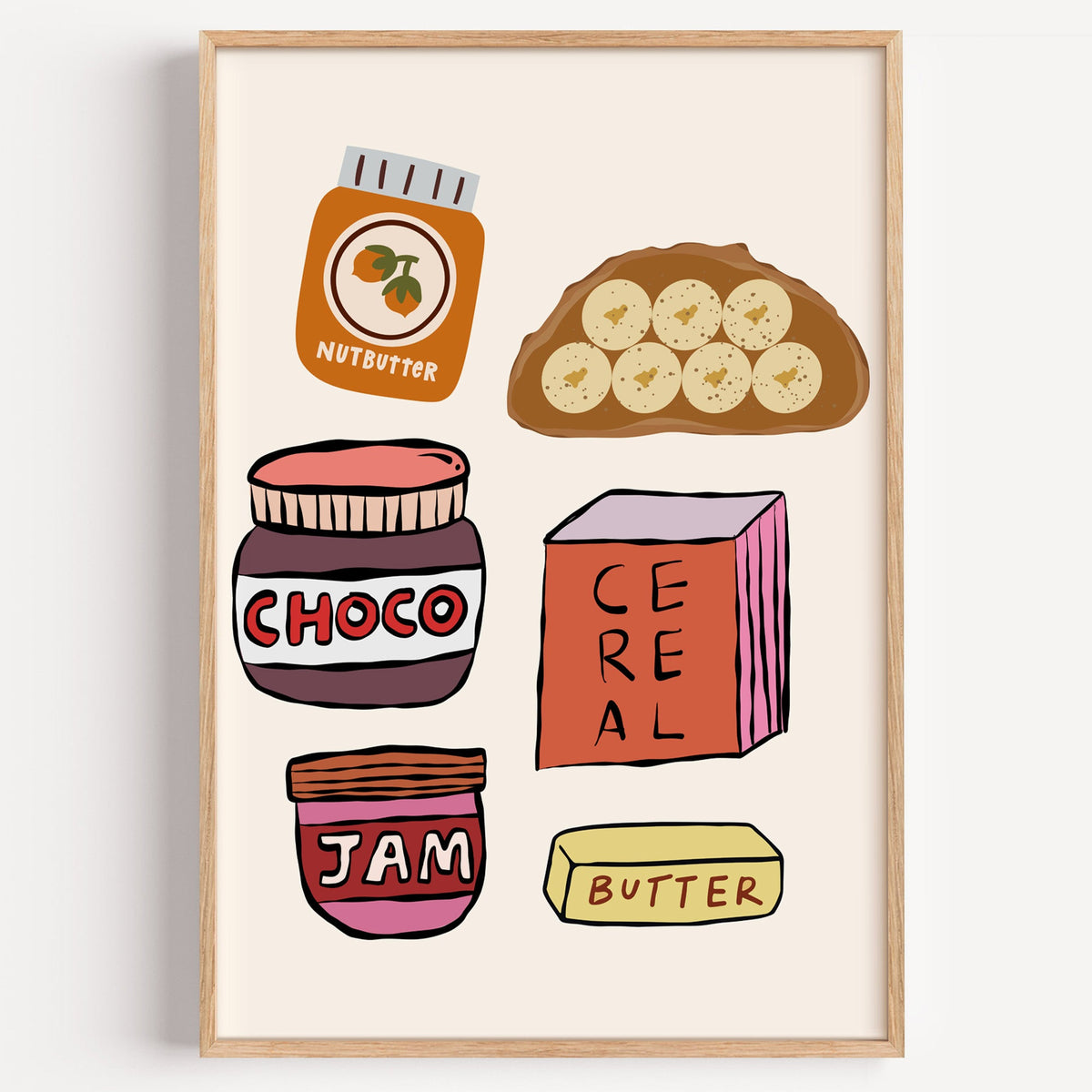 Breakfast pantry jars print in a light oak frame on a plain white wall