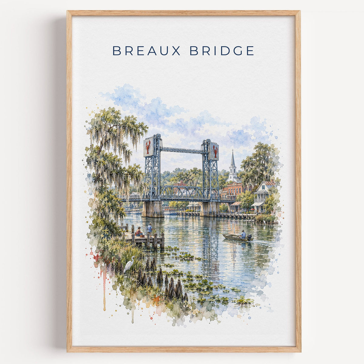 Breaux Bridge, Louisiana watercolor print in a light oak frame on a plain white wall
