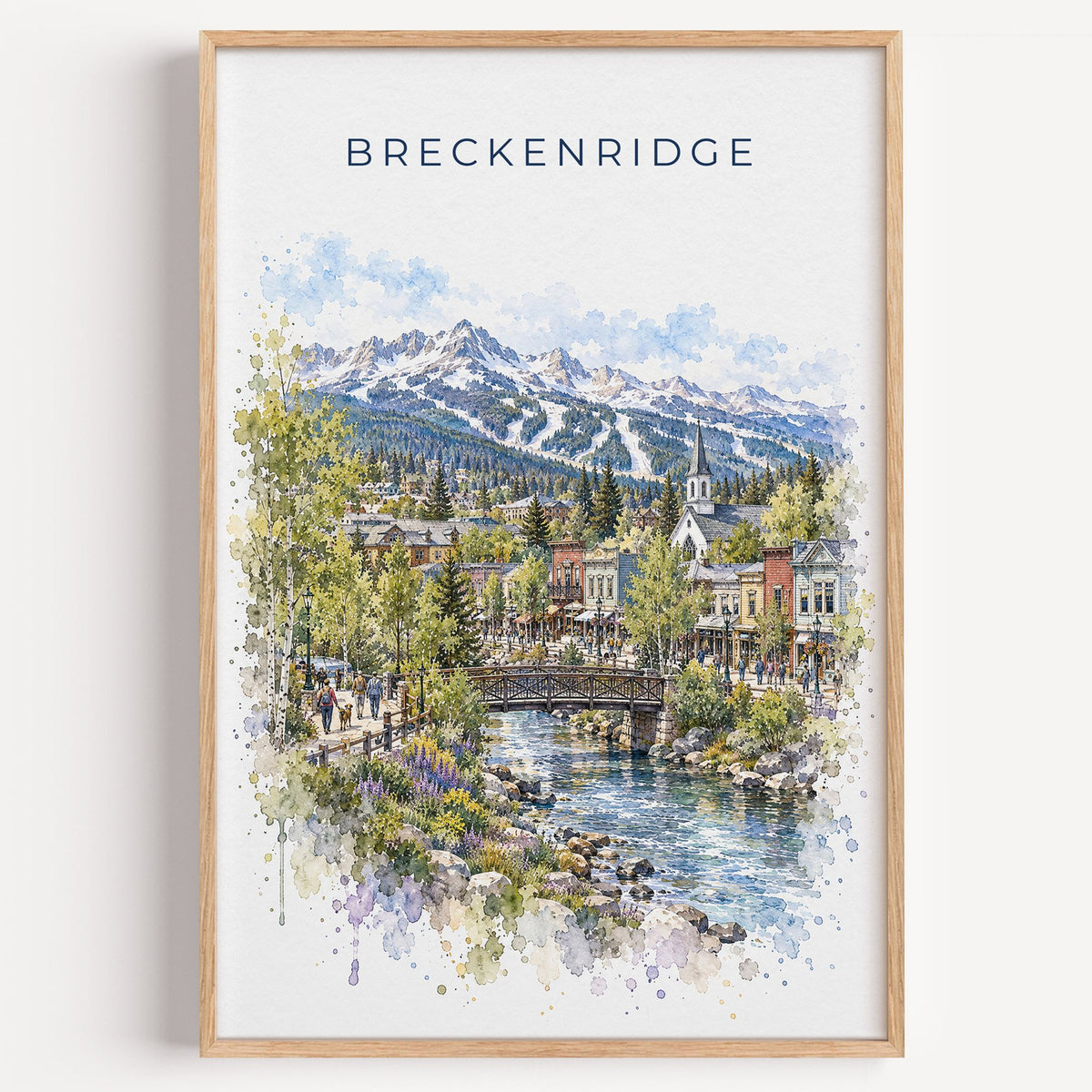 Breckenridge watercolor print in a light oak frame on a plain white wall