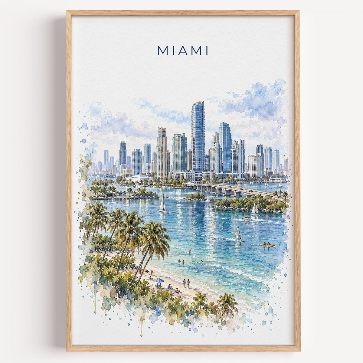 Brickell Miami watercolor print in a light oak frame on a plain white wall