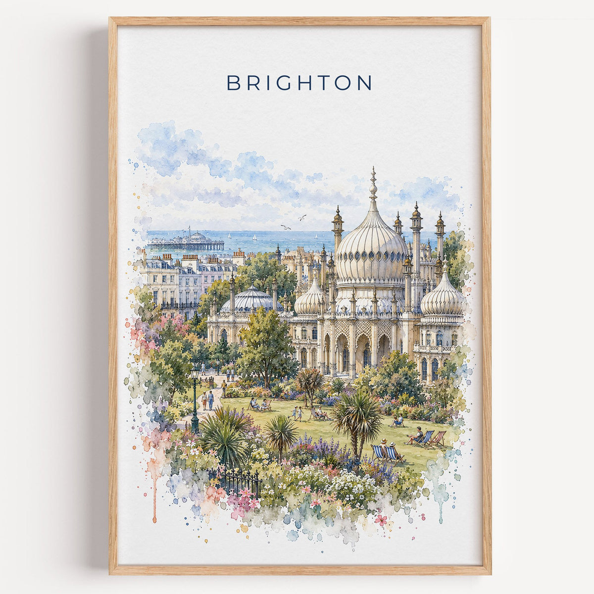 Brighton watercolor print in a light oak frame on a plain white wall