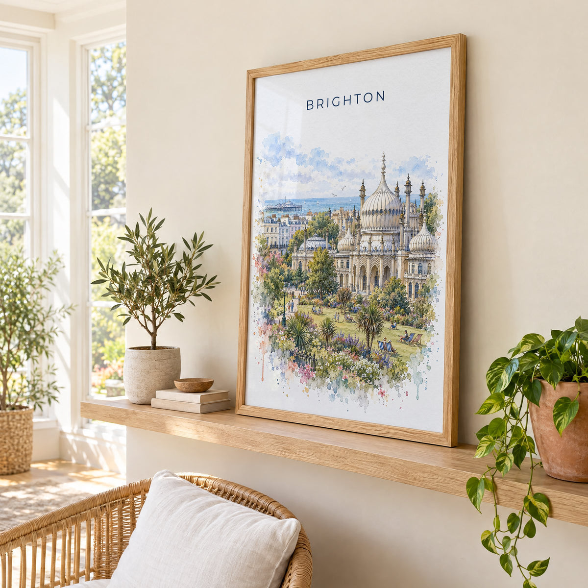 Brighton watercolor print in an oak frame on a picture ledge in a sunlit sunroom
