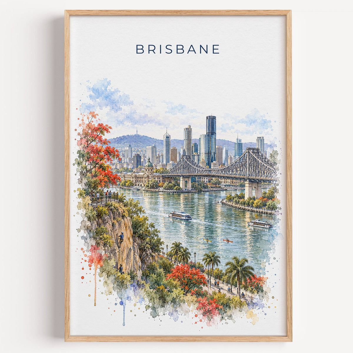 Brisbane watercolor print in a light oak frame on a plain white wall
