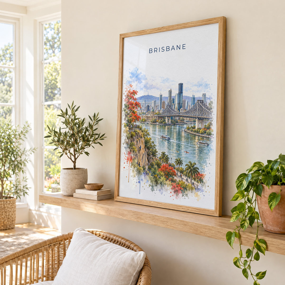 Brisbane watercolor print in an oak frame on a picture ledge in a sunlit sunroom