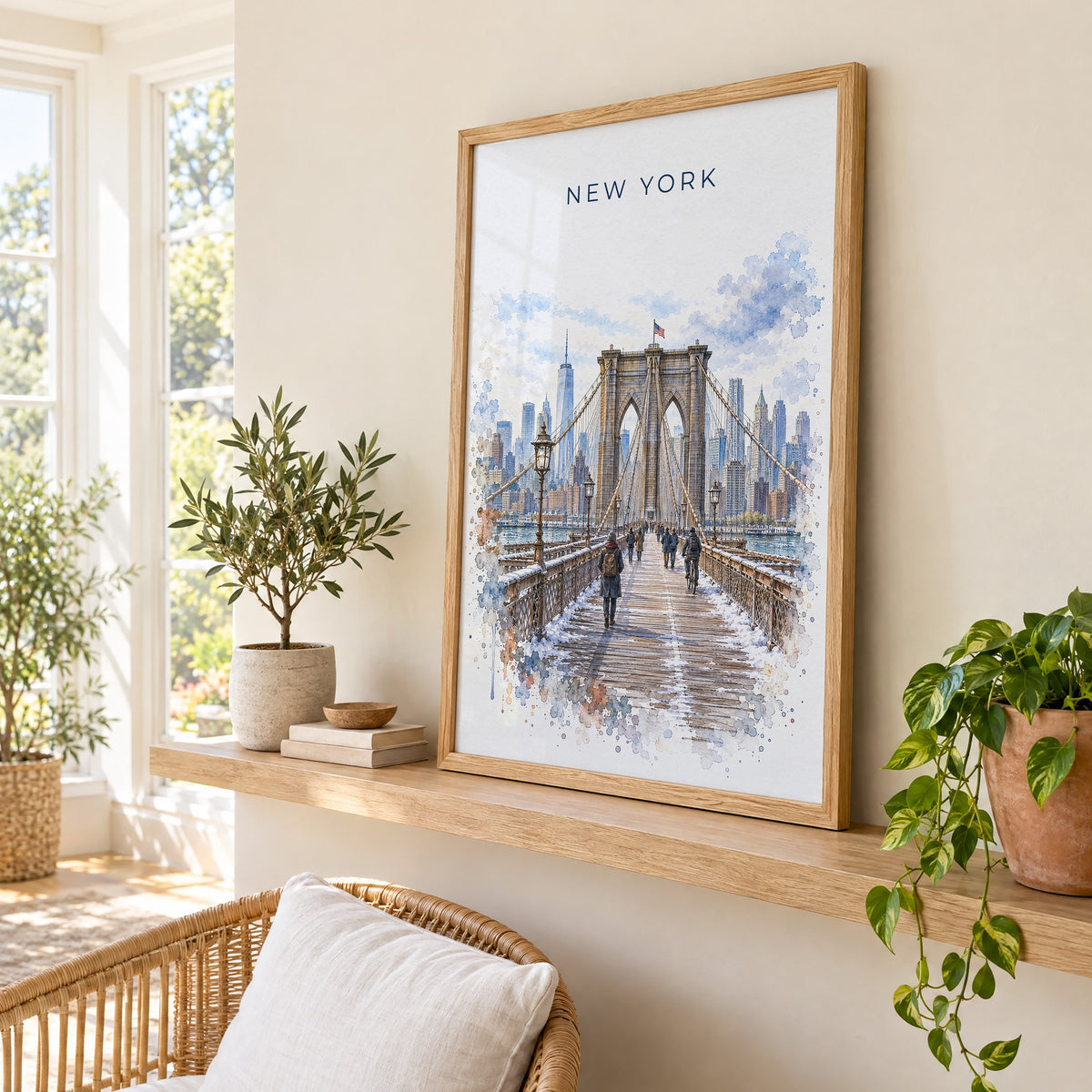 Brooklyn Bridge watercolor print in an oak frame on a picture ledge in a sunlit sunroom
