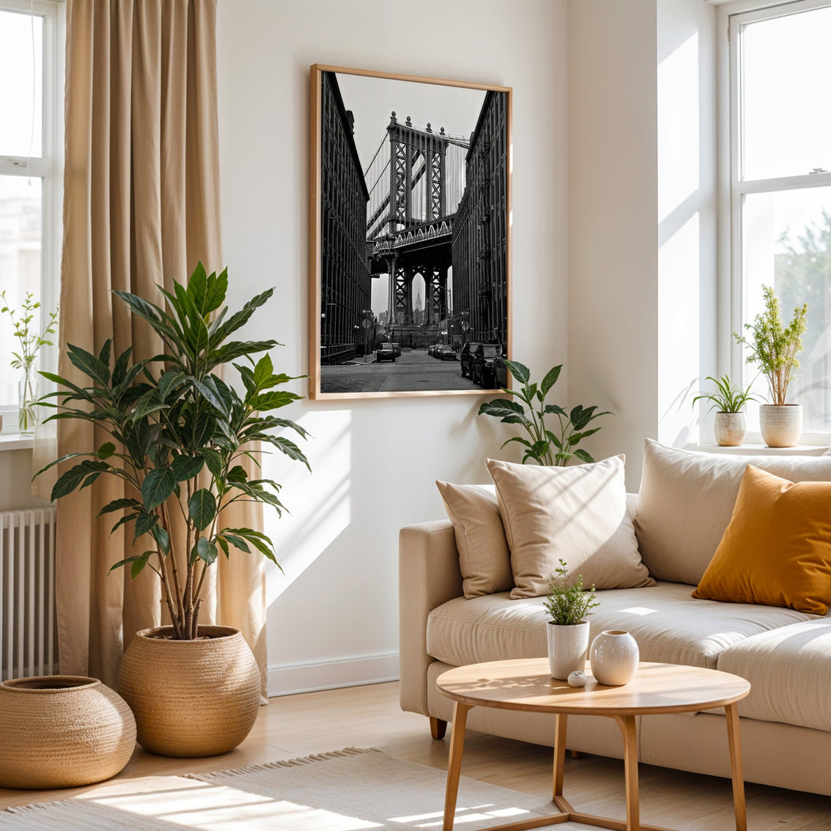 Manhattan Bridge between brick buildings print in an oak frame above a cream sofa beside woven planters