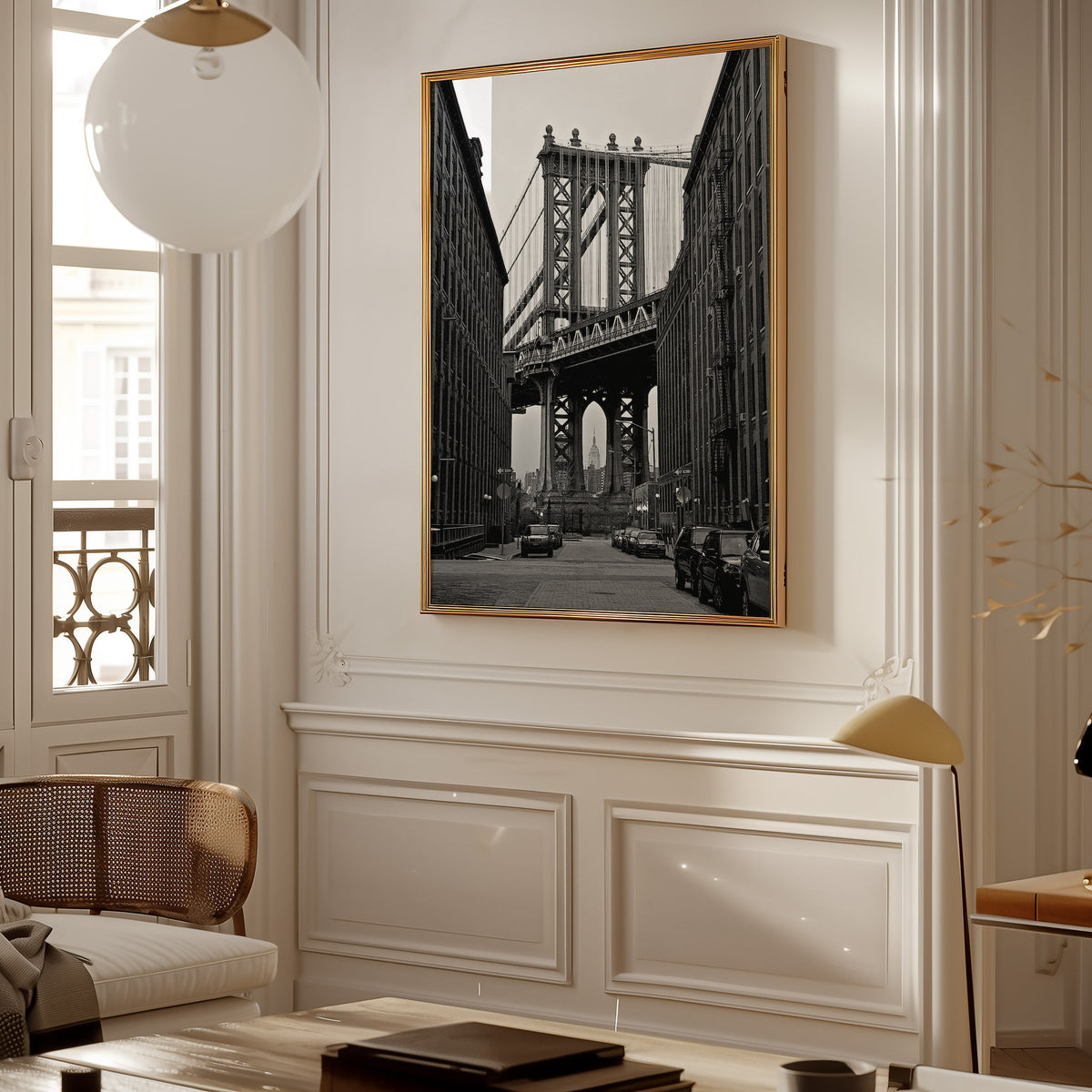 Manhattan Bridge between brick buildings print shown in a gold frame in a Parisian paneled living room