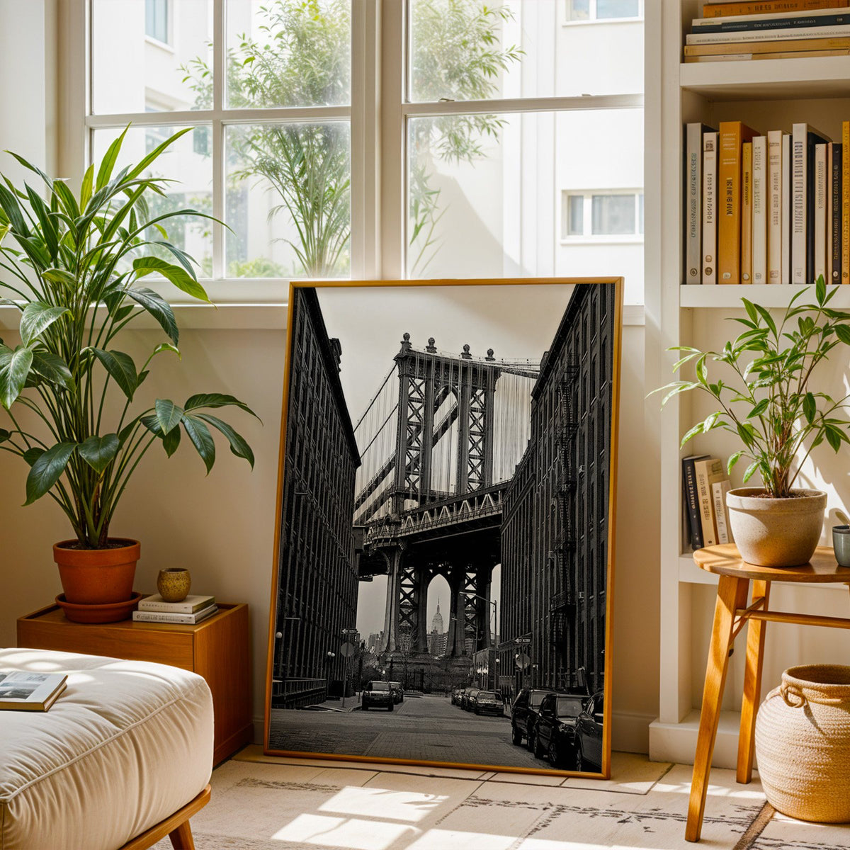 Manhattan Bridge between brick buildings print shown in a brass frame leaning on a sunlit living room floor