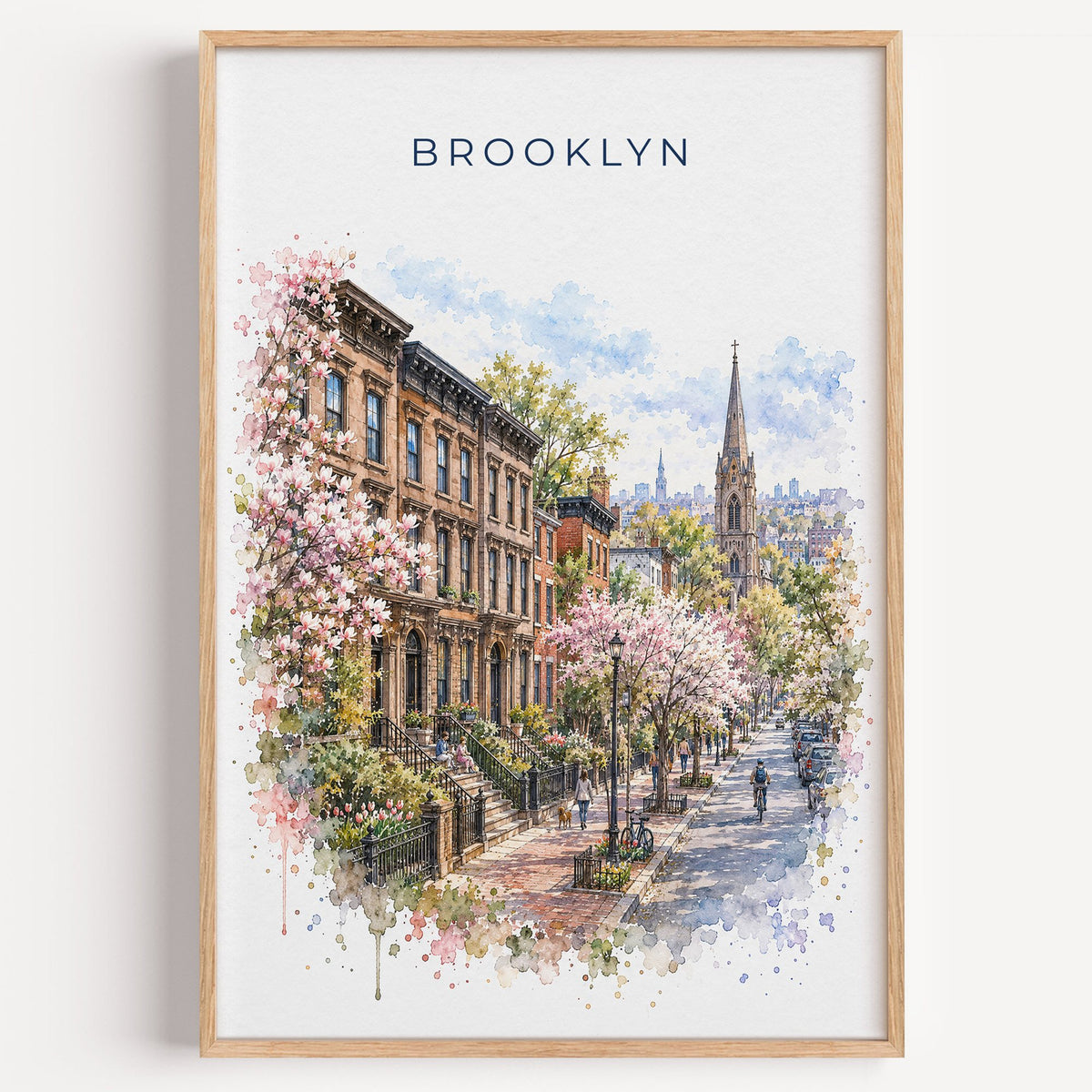 Brooklyn watercolor print in a light oak frame on a plain white wall