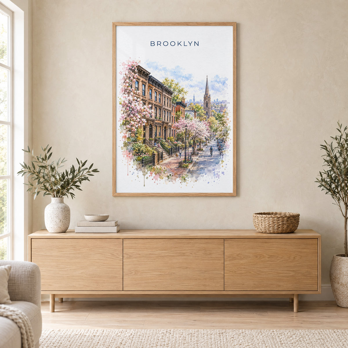 Brooklyn watercolor print in an oak frame above a light wood sideboard in a Scandinavian living room