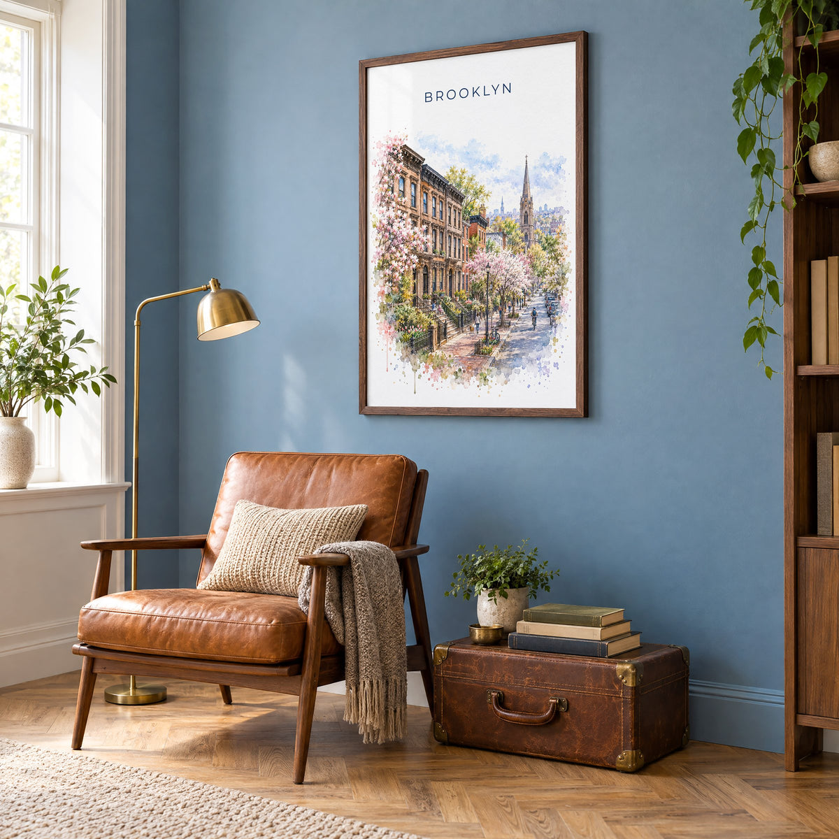 Brooklyn watercolor print in a walnut frame on a blue wall above a leather armchair in a reading nook