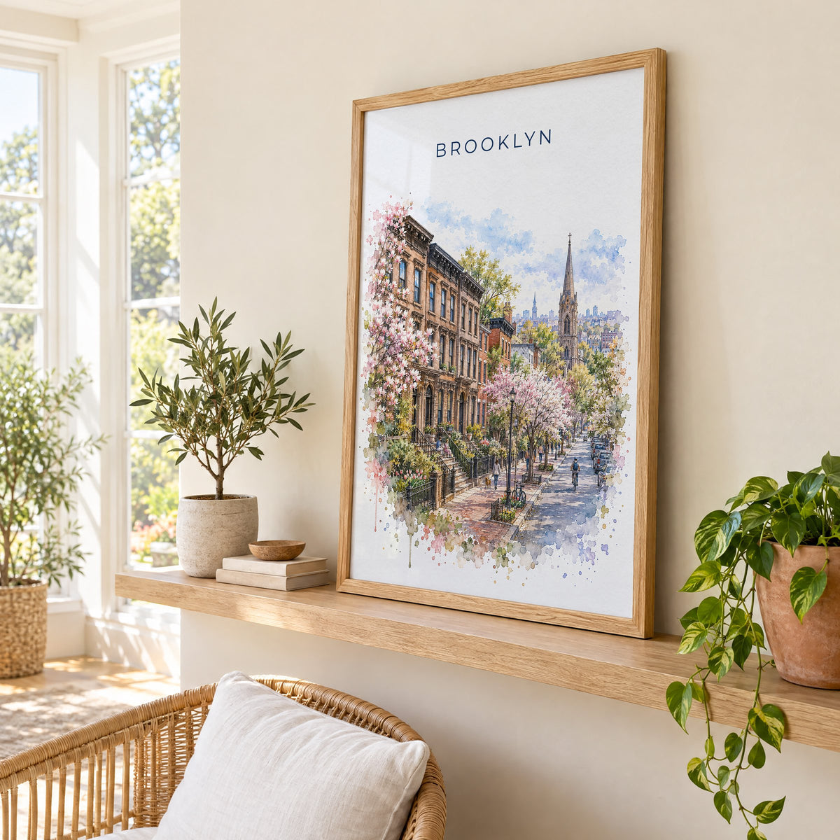 Brooklyn watercolor print in an oak frame on a picture ledge in a sunlit sunroom