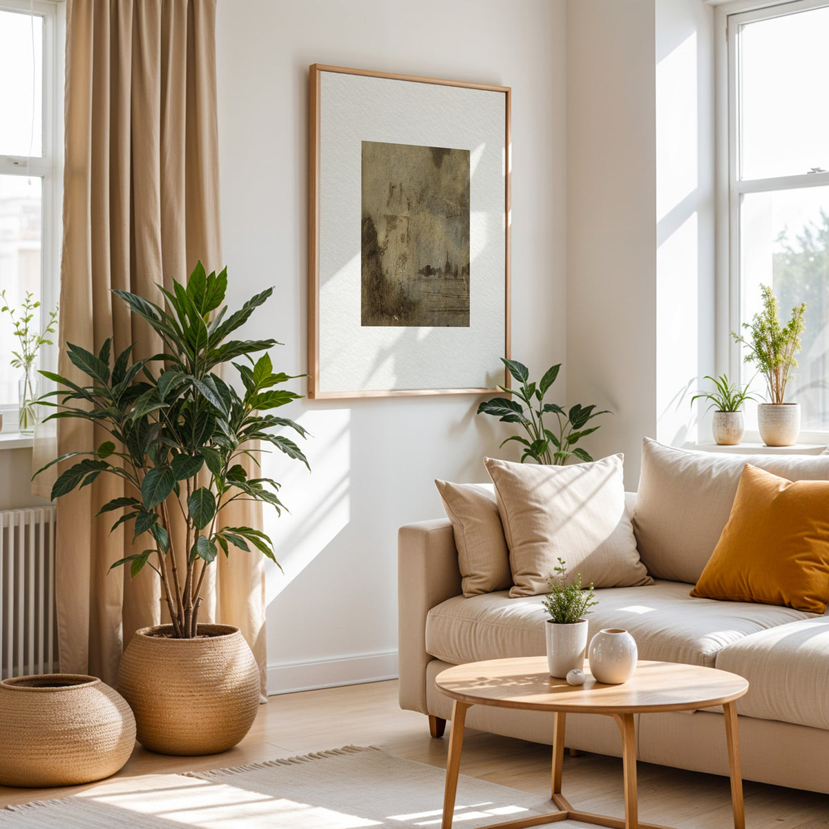 Brown wash ghost tower and waterline print in an oak frame above a cream sofa beside a tall plant in a woven pot